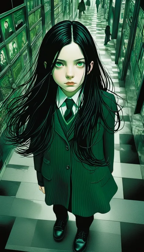 A (severus snapes daughter:((11years old)))green eyes, long hair,black hair , Illustration、art、Horror, Supervised by Junji Ito、Attention to detail, Realistic shadows、Analog Style, chromatic aberration, Surrealism、Pop Dance、new york