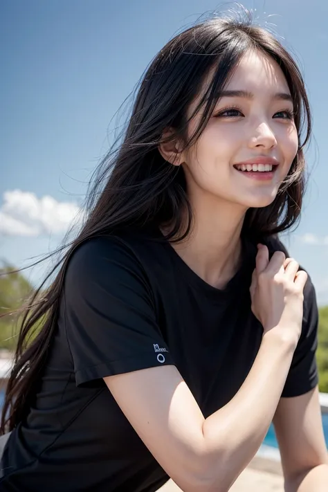    1 girl, Long Hair,     Medium Breasted    ,    black shirt   、 black dress, black workout wear、 Laugh lightly, Detailed skin, pore,    sky background  、nature 、 Realistic 、