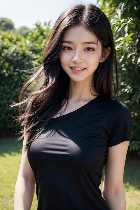    1 girl, Long Hair,     Medium Breasted    ,    black shirt   、 black dress, black workout wear、 Laugh lightly, Detailed skin, pore,    sky background  、nature 、 Realistic 、