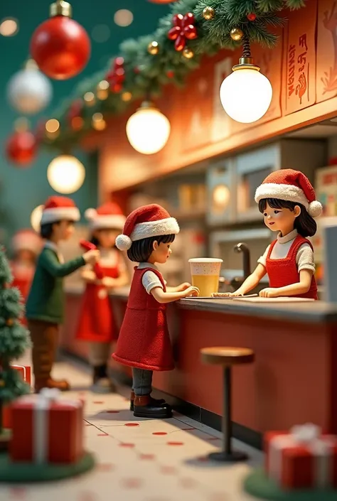 Create a Christmas decoration concept using scratch materials that depicts life of service crew, it should be aligned on the criteria of fastfood Christmas decoration competition 