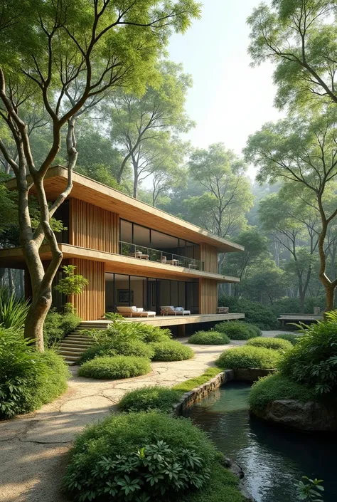 the relationship between architectural design and the natural environment , creating a concept that highlights how the project will contribute to the sustainability and protection of the area and that is made with bamboo, green roofs, 
