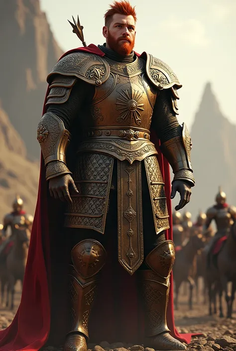 Create a character with the following characteristics 
He was red-haired 
He had beautiful eyes 
It was good-looking. 
It was 2 , 92 meters tall
He was wearing a bronze helmet 
It wore a bronze shell with scales that weighed 57 kg
He wore bronze greaves on...