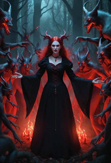 Horrible and evil witch with a red, luminous and intense look, surrounded by demons dancing in a dark forest.