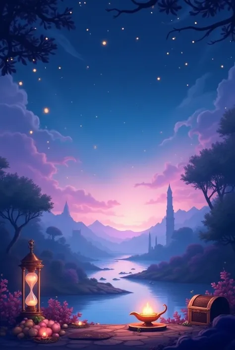 A magical, sparkly background for a rens game loading screen, subtly previewing the adventure within. The scene features a soft gradient sky with swirling sparkles, glowing orbs, and shimmering stardust in shades of deep blue, purple, and gold. Faint silho...