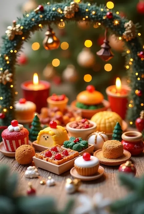  A frame of very small Christmas toys, desserts ,  salads , snacks ,  hot dishes , Stars.