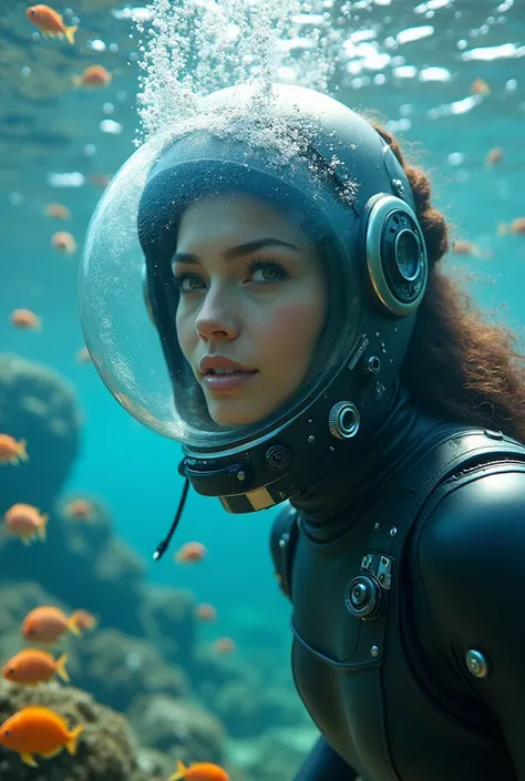 (masterpiece:1.2, Distinctive Quality , mirror-like , Cinematic Experience ),8k, wallpaper,,( A beautiful woman wearing a mechanical latex suit for underwater exploration interacts with beautiful tropical fish at the bottom of the sea.:2.0),( Diving helmet...