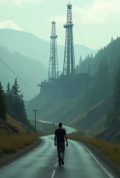  Man walking in a black t-shirt in the middle of the road surrounded by hills and trees, Up close you can see oil extraction machines .