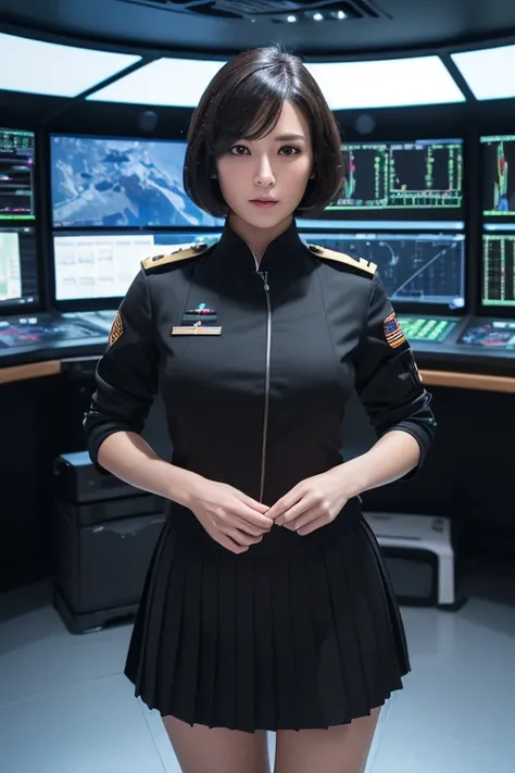 high quality, (best quality,4k,8k,highres,masterpiece:1.2),ultra-detailed,(realistic,photorealistic,photo-realistic:1.37),mature woman with short black hair controlling advanced spacecraft, mature woman, triple monitor, black uniform, black pleated skirt, ...