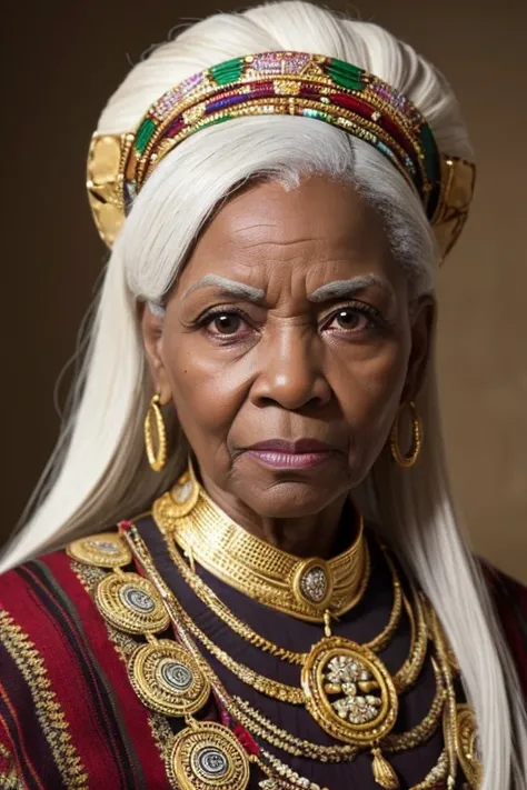 a detailed portrait of an elderly african american woman with long white hair, beautiful detailed eyes, beautiful detailed lips, extremely detailed face and skin, intricate wrinkles, warm gentle expression, dignified posture, ornate traditional african clo...