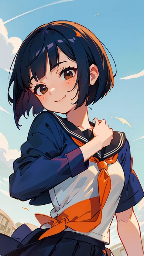  upper body close-up 、 dark blue hair 、 bob cut from the front、 jet black brown eyes 、 ties her hair with orange hair clips、smile、 sailor suit、School