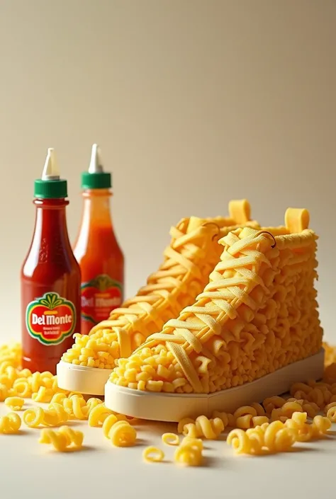 Make  a Eze sneakers from  pasta noodle, near of a del monte chili sous bottle,ketchup

Hyper realistic pic, ulta Hd 8K