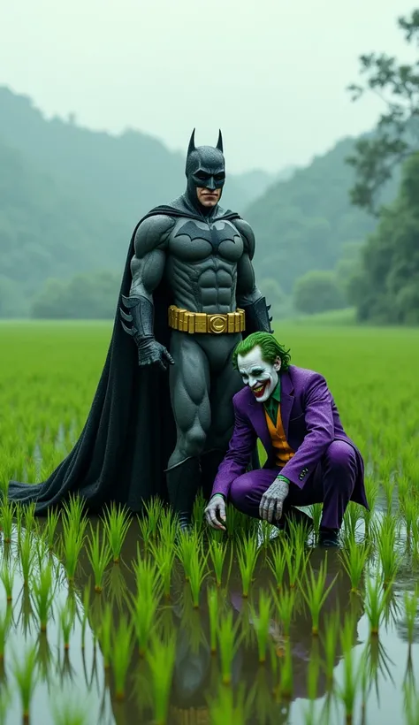 Make Batman and Joker characters as real as possible while hoeing in the rice paddies 