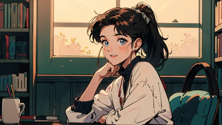 Best Quality, 8k, 1990s Style, 2010s Hairstyle , Very beautiful 21 year old girl ,  very smiling, Black Hair ,Droopy eyes,  ponytail,  big chest, knit,  I cant control my light brown eyes, Big headphones,  is staring at me, Blush the cheeks, study, table, ...