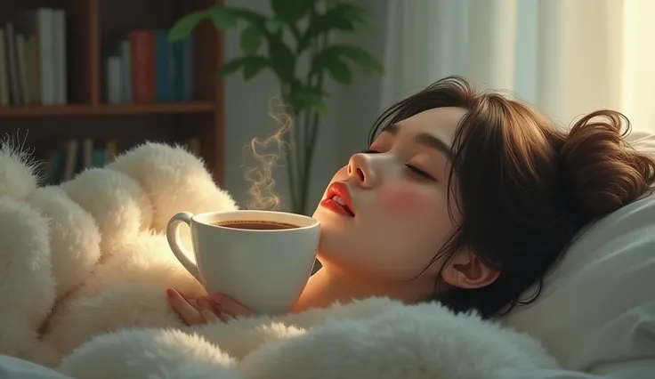 A woman lies down with coffee on her face