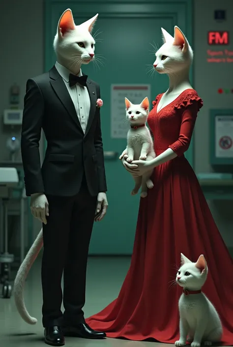 A tall white cat in formal dress is standing formally and a tall cat woman in a red dress is standing with a kitten The woman is holding a small kitten in her hand and a white kitten formal drees is standing nearby Photographyrealistic dark light running i...