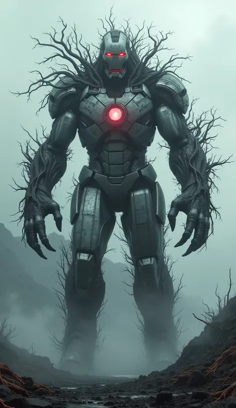 gigantic, monstrous fusion of Iron Man and a tree-like demon. The creature’s body has a metallic, armored texture resembling Iron Mans suit, but it is battered, corroded, and twisted with dark wood and bark. Its limbs are a combination of steel plating and...