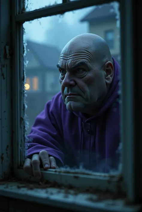 close up of a bald fat man in a purple gowns face staring from inside a house window at foggy night, nightmare, dream-like, highest definition, highest detail, highest quality