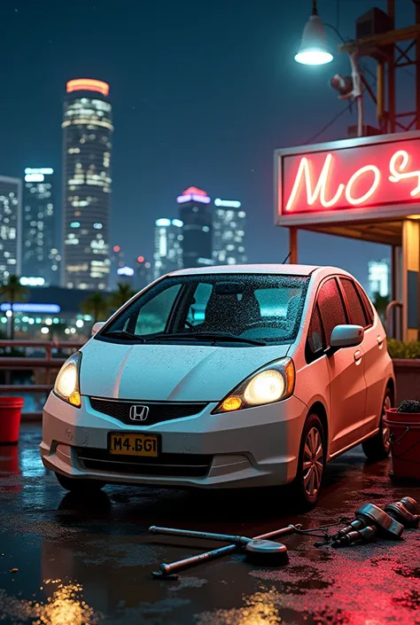 Honda fit 2009 used as a card wash logo with car wash tools everywhere in the background of the city of Miami at night