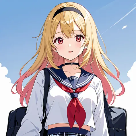 Modern anime style painting, red eyes with bright highlights, comfortable expression, smartphone put away in bag, low angle. There is one female character in 2D anime style. She is a high school student, with long blonde hair with slight waves in her hair ...