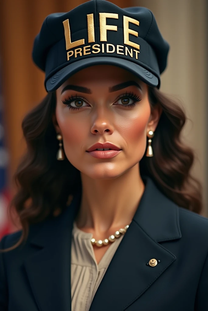 Woman wearing a cap that says LIFE and under this word the word president