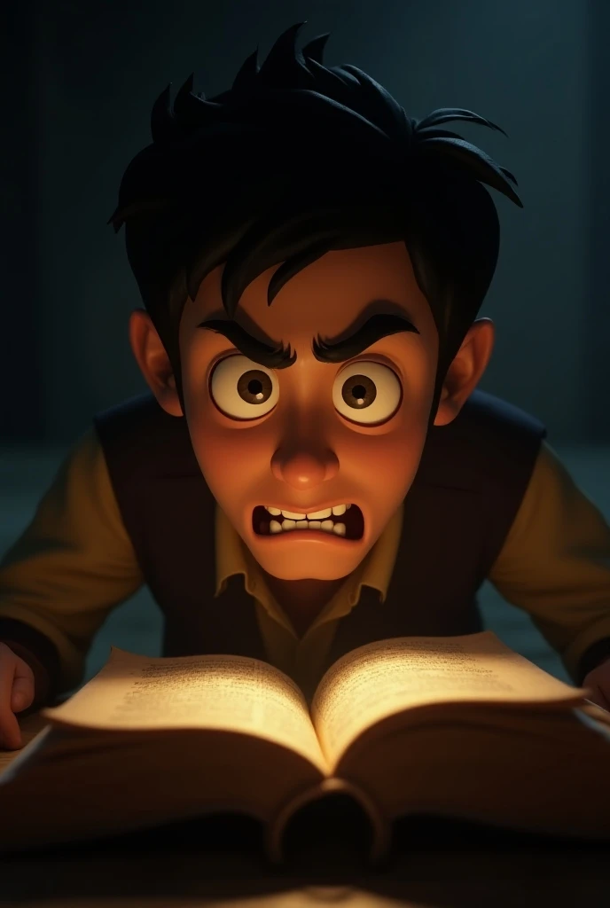 Generat in cinematic 3d cartoon style Close-up of Ravi’s face as he reads the first page of the old book, showing surprise and nervousness. The dim light in the room enhances the suspense