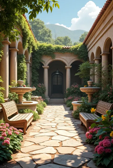 Beautiful courtyard filled with different types of flowers in a Greek sanctuary 