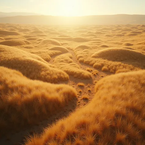  The angle of this image is a birds-eye view from above , taken from the sky in a downward direction. pointing down to the ground with dry grass on a sunny afternoon