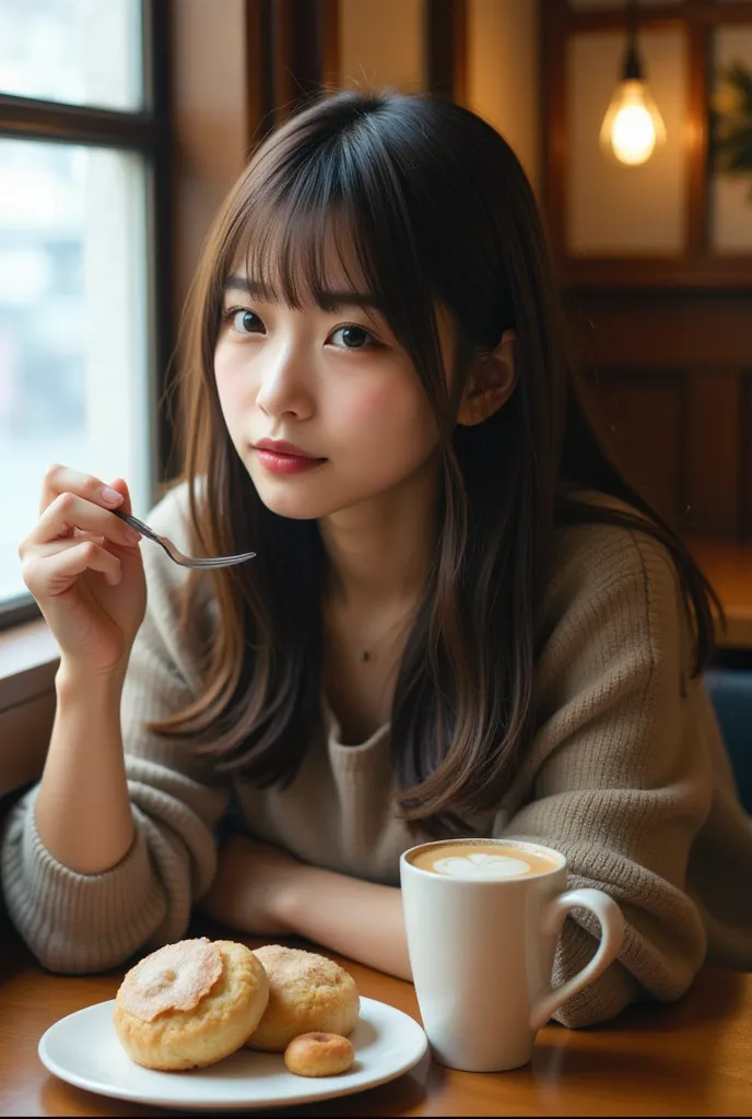 fujifilm, 35mm color film, hyper angle, young japanese woman with bangs, sitting at a cozy dining table with a small plate of pa...