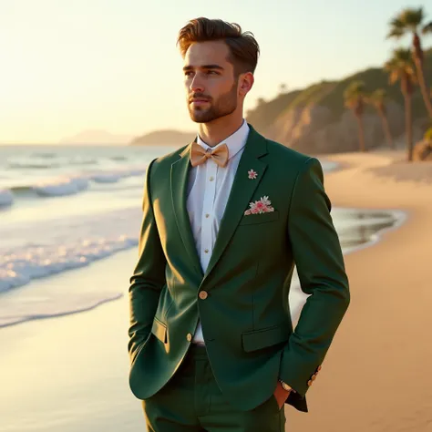 Handsom american man in 20s ls visting a family function on a beach wearing stylish wedding  tuxedo green suit with minimalist embroidery  embrace suit wide angle front view 