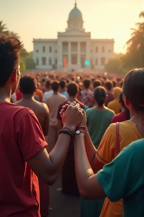 Sri lankan different nations people who sinhala, tamil , muslim are in front of the sri lankan parliament  and face it with holding there hands..in the morning..