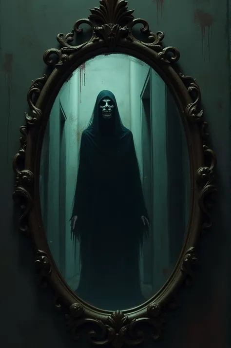 At the end of the hall, a large, antique mirror reflects a dark figure with hollow eyes and an unsettling grin.