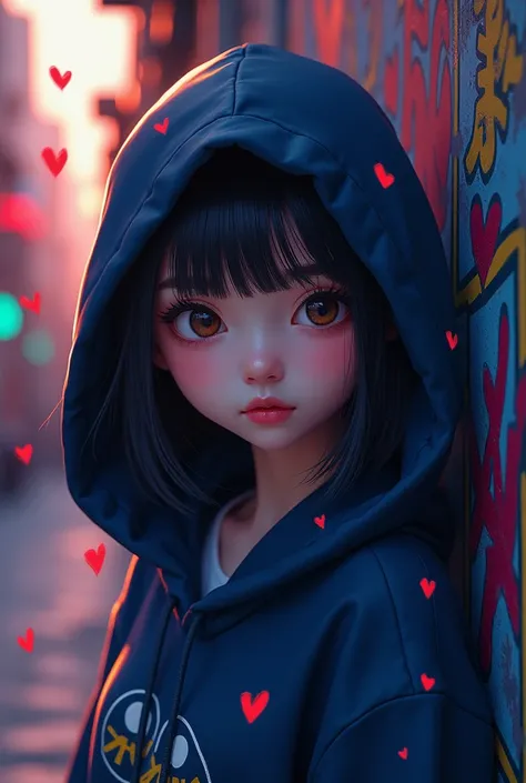 a close up of a person wearing a hoodie, artwork in the style of guweiz, red hearts, killstar, brightly-lit, teen girl, detailed street, decorative dark blue clothing, inspired by Shi Zhonggui, alleyway, kawaii hairstyle, girl in love