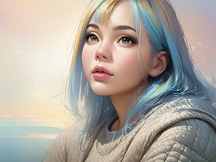  illustrator , Anime , Realistic ,sketch ,  one girl , ,lip, sweater,order,  light blue and yellow gradient background, Neon Hair,Textured Crop, Canada, (masterpiece, best quality)、 hair straight 