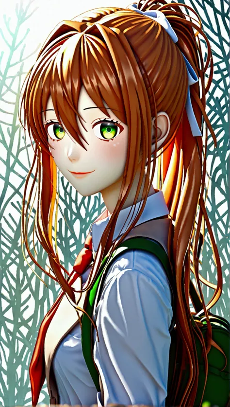 anime girl with long hair and a school uniform, yandere. tall, yandere intricate, gapmoe yandere, visual novel sprite, doki doki literature club, 3d anime artstyle, !!full body portrait!!, coral brown ponytail hair and emerald-green eyes, single character ...