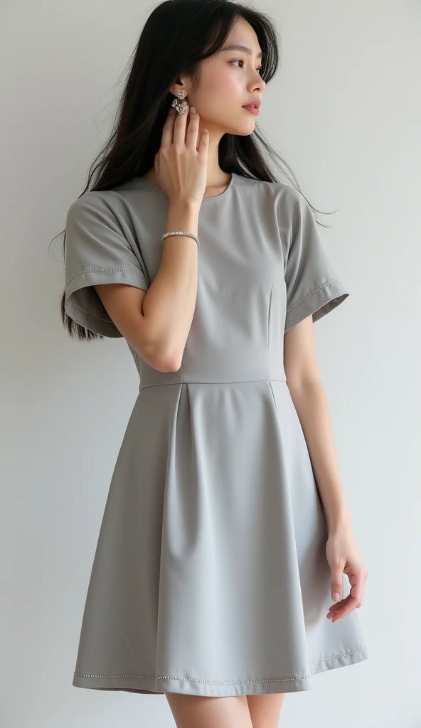 An elegant girl (clothing color soft light gray) wearing a minimalist style dress with a light gray overall color, a round neckline that fits the neck without revealing too much skin, elegant and neat. Sleeve type short sleeved, 5-8 centimeters below the s...