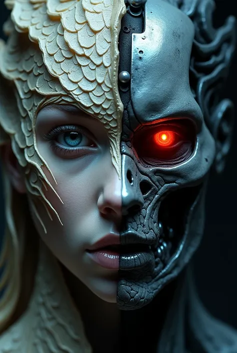 A face cut in two faces , The half of a dragon in the feminine style,  and the other terminator with her red eye 