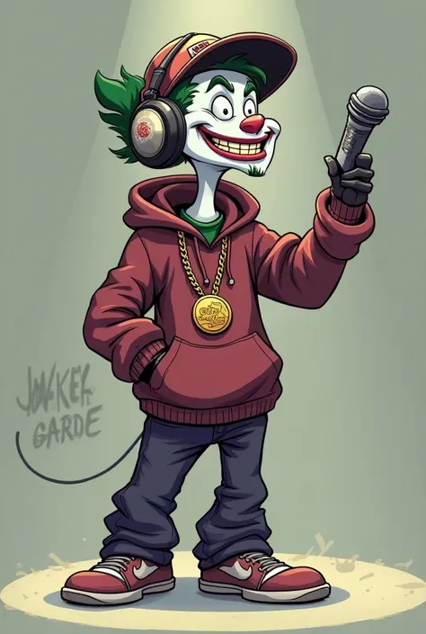 The Joker in cartoon form is dressed as a rapper, confident and with an urban, cool vibe. The Joker has exaggerated features, is as thin as a deck of cards with a mischievous smile and large, expressive eyes. He wears a backwards baseball cap tilted to one...