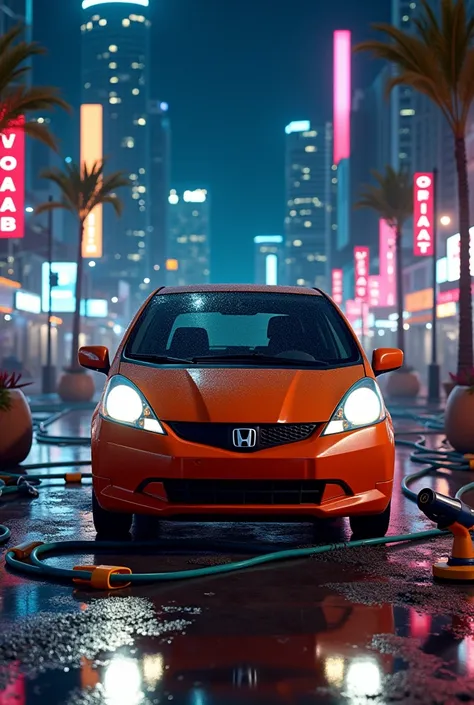 Honda fit 2009 logo with car wash tools everywhere in the background of downtown Miami at night 