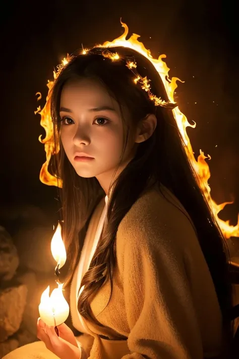 (a young woman with long brown hair wearing a brown robe, sitting alone with a thoughtful expression, looking sideways, wide sleeves, black eyes, closed mouth, a ribbon-like fire on her head),(monochrome, night sky at the entrance of a cave, upward glowing...