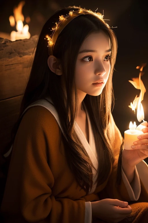 (a young woman with long brown hair wearing a brown robe, sitting alone with a thoughtful expression, looking sideways, wide sleeves, black eyes, closed mouth, a ribbon-like fire on her head),(monochrome, night sky at the entrance of a cave, upward glowing...