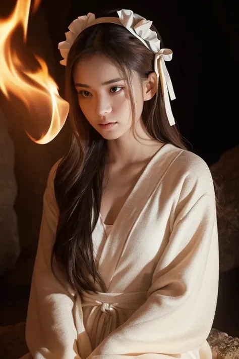 (a young woman with long brown hair wearing a brown robe, sitting alone with a thoughtful expression, looking sideways, wide sleeves, black eyes, closed mouth, a ribbon-like fire on her head),(monochrome, night sky at the entrance of a cave, upward glowing...