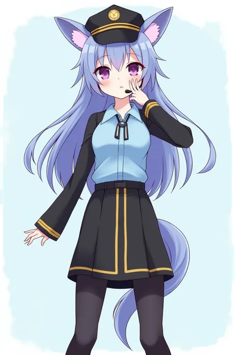  A pretty blue-purple haired girl with dog ears /zorro, black and purple eyes , a blouse (simple/ + color:)  cyan with black sleeves and a black skirt with a yellow line in the center,  black tights and black sneakers , a hat on her head like a pilot / com...