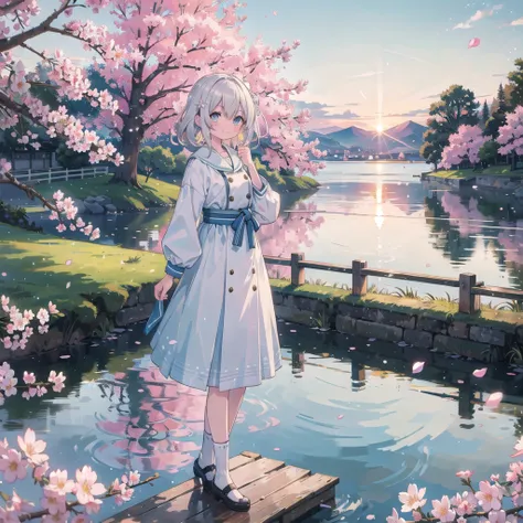 (masterpiece), vibrant landscape, sunrise over crystal-clear lake, cherry blossom trees along the shore, petals floating on water, shimmering light particles, 1girl, standing on a pier, wind gently tousling hair, pastel-colored outfit, silver-blonde hair, ...