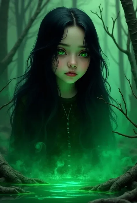 A (severus snapes daughter:((11years old)))green eyes,long hair,black hair ,(Ultra-detailed face, look away, Gothic Fantasy Illustration, Ukiyo-e, comic art, colorful), 
rest 
(This is a world made of green acid. In the acid pond, There was a cloud of smok...