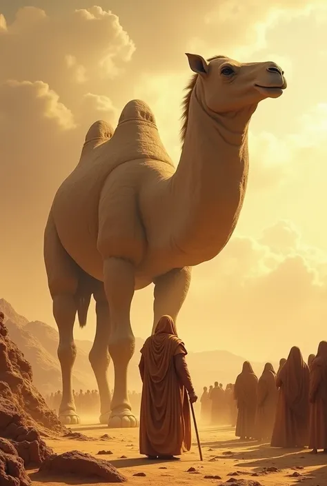 "A prophet stands before a crowd in a vast desert, his expression calm yet filled with authority and compassion. Before him, an enormous, majestic camel made entirely of stone stands tall, as if alive, crafted by divine power. The camel’s stone body is int...