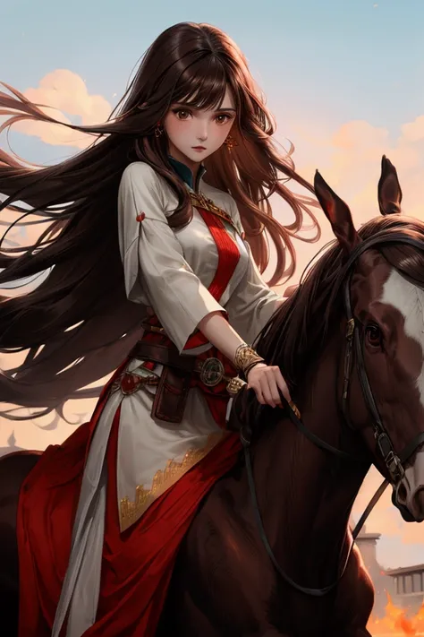  Woman with long brown hair and brown eyes with bangs ,  small nose , big but torn eyes ,  pale skin and slim build riding a large red degaon that breathes fire 