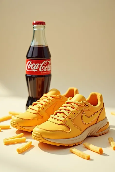 Make  a Eze sneakers from
French fries near of a Cola bottle.
Hyper realistic pic, ulta Hd 8K