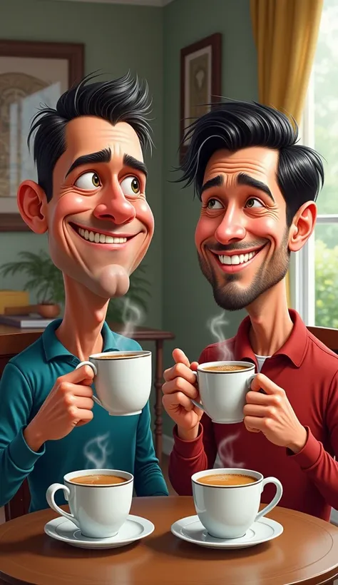 Caricature of Friends sipping tea with exaggerated reactions—one struggling with Ronaldo’s overly sweet tea, while the other looks confused with Messi’s bland tea.
