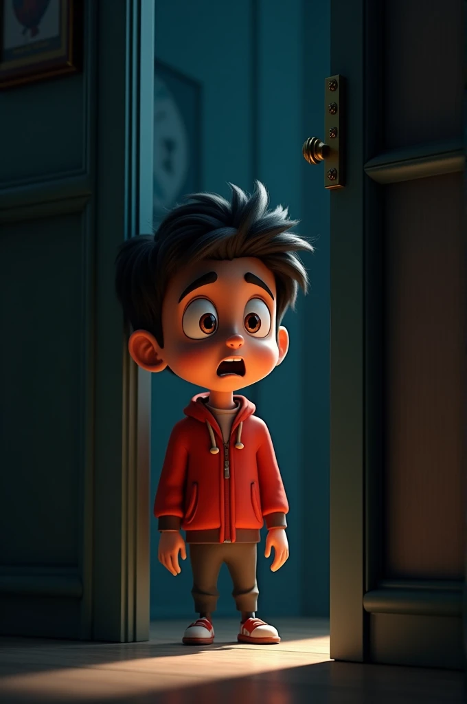 Generat in cinematic 3d cartoon styleRavis startled expression as the door suddenly shuts behind him, casting shadows across his face and adding a sense of suspense."