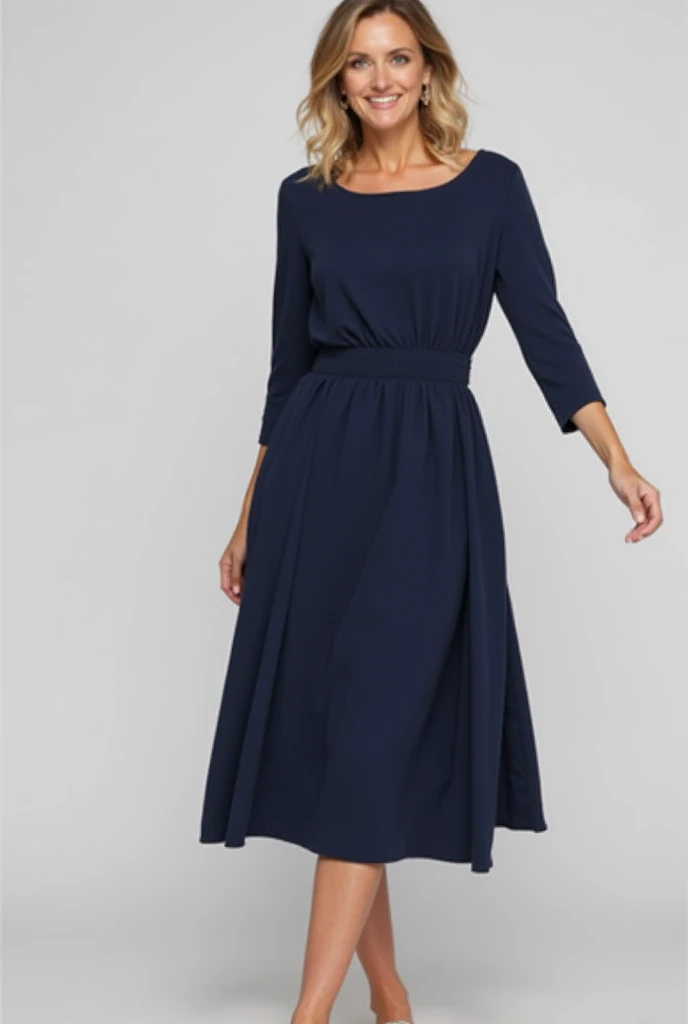  Empire waist canoe neck midi dress, with sleeves 3/4,  discreet side slit , lightweight crepe fabric ,  sober colors such as navy blue 